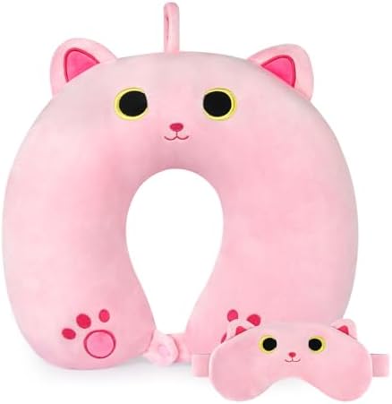 Prewplam Kids Neck Pillow with Eye Mask - Pink Cat Design