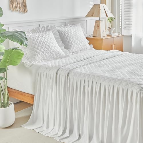 UOZZI BEDDING Ruffle Skirt Bedspread Set Queen Size White
