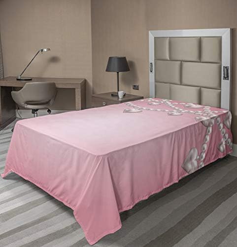 Ambesonne Pearls Flat Sheet Heart Pearl Design TwinXL Beige Pink