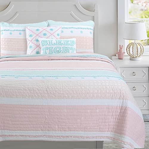 Cozy Line Light Pink Blue Ruffles Quilt Bedding Set 3 Piece