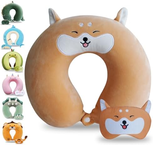 Cute Yellow Corgi Travel Pillow with Eye Mask