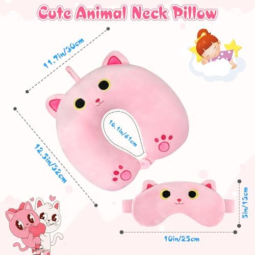 Prewplam Kids Neck Pillow with Eye Mask - Pink Cat Design