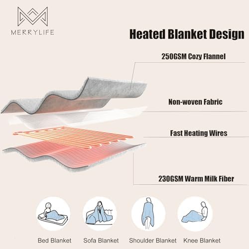 MERRYLIFE Heated Blanket with 4 Levels 8H Auto Off