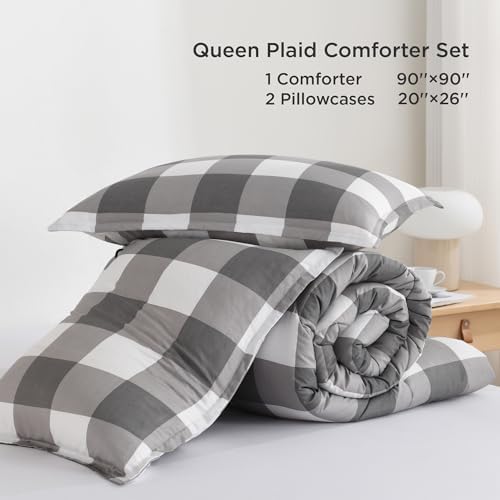 Andency Grey Queen Plaid Comforter Set 3 Piece