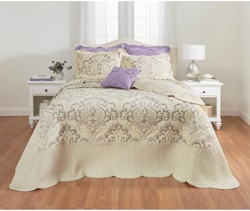 BrylaneHome Ultra Soft Damask Bedspread - King Ivory Lavender