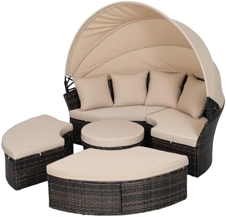 Incbruce Round Daybed with Retractable Canopy Black Wicker