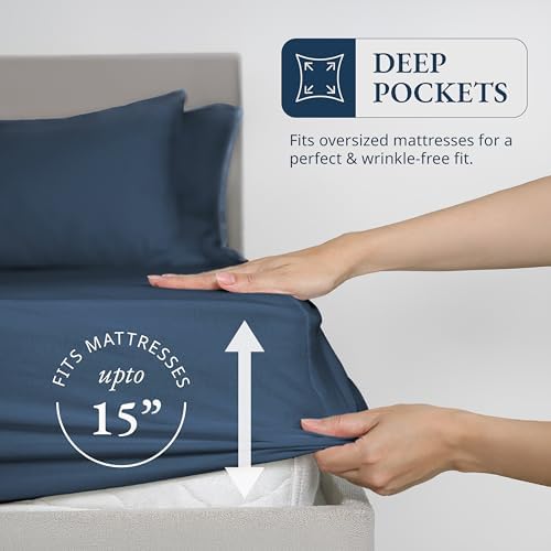 Lane Linen 100 Organic Cotton Twin Fitted Sheet Set - Estate Blue