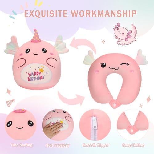 NUKBIL Kids Travel Pillow with Plush Animal Design Pink Axolotl