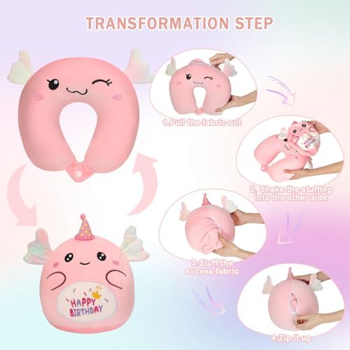 NUKBIL Kids Travel Pillow with Plush Animal Design Pink Axolotl
