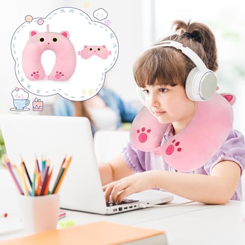 Prewplam Kids Neck Pillow with Eye Mask - Pink Cat Design