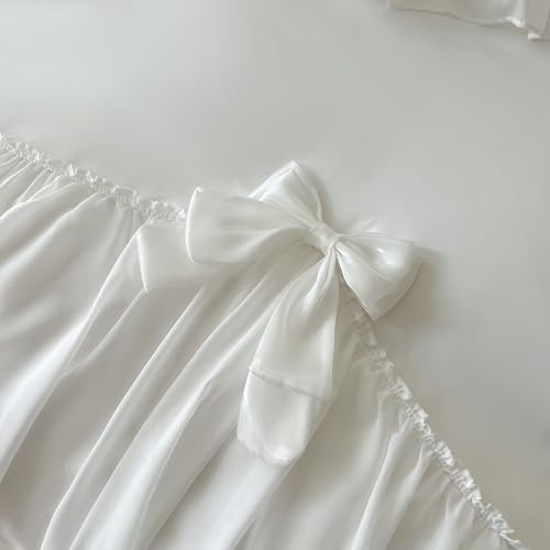 SOUKECHY Chic Lace Duvet Cover Set with Bow and Zipper - White Twin