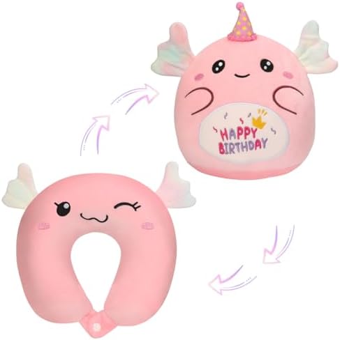 NUKBIL Kids Travel Pillow with Plush Animal Design Pink Axolotl