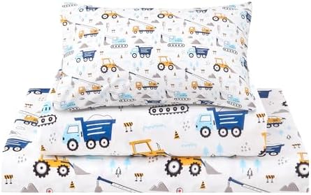 Kids Twin Sheet Set 3 Pcs Blue Excavator Car Pattern