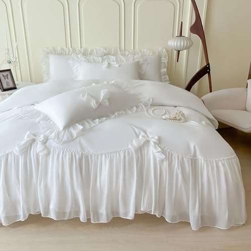 SOUKECHY Chic Lace Duvet Cover Set with Bow and Zipper - White Twin
