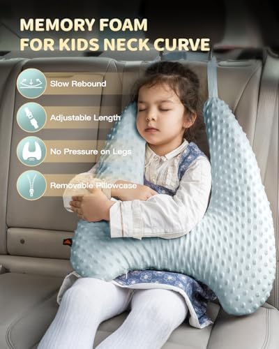 Memory Foam Kids Travel Pillow with Adjustable Strap and Velvet Dots