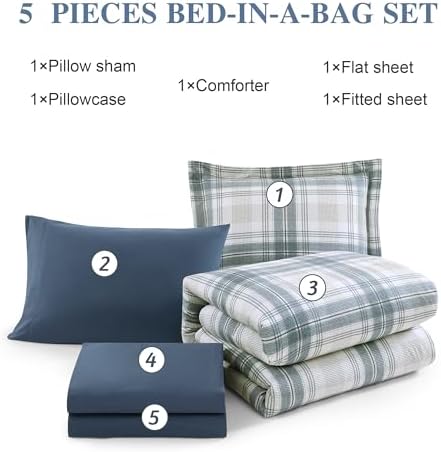Blue Grey Plaid Twin XL Comforter Set Bed in a Bag