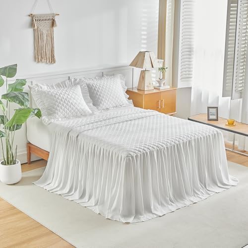 UOZZI BEDDING Ruffle Skirt Bedspread Set Queen Size White