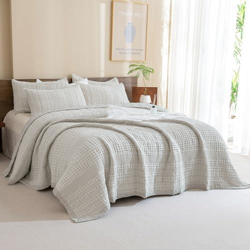 Sanracie 100 Cotton Oversized Queen Bedspread Set Khaki Waffle Weave 1