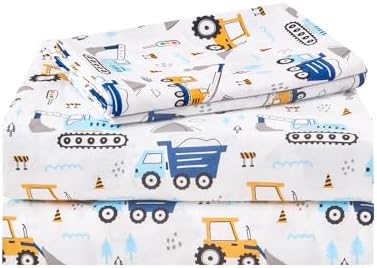 Kids Twin Sheet Set 3 Pcs Blue Excavator Car Pattern