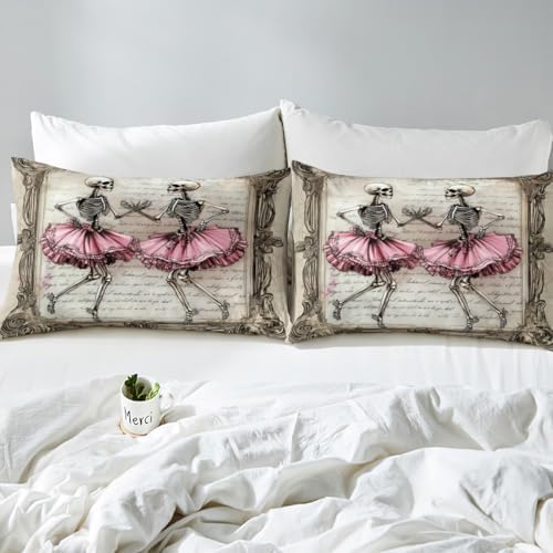 Manfei Skeleton Kids Fitted Sheet Set Pink Brown Bedding with Gothic Skull Design