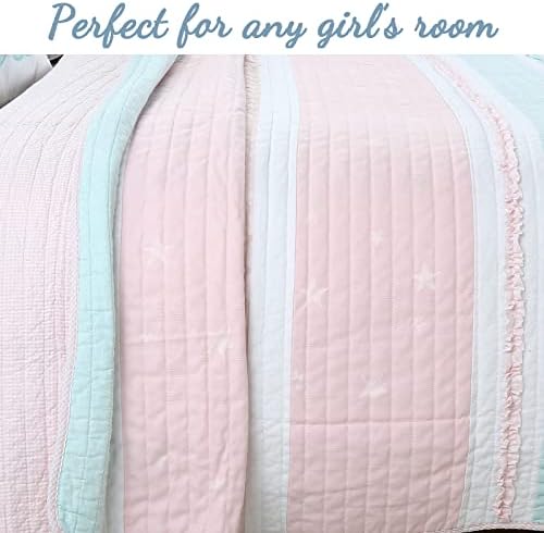 Cozy Line Light Pink Blue Ruffles Quilt Bedding Set 3 Piece