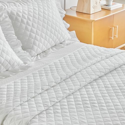 UOZZI BEDDING Ruffle Skirt Bedspread Set Queen Size White