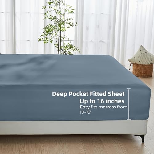 GOKOTTA Bamboo Rayon Fitted Sheet - King Size 16 Inch Pocket Blue