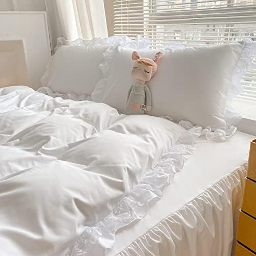 MOOWOO Chic Ruffle Lace Duvet Cover Set Twin White 2 Piece