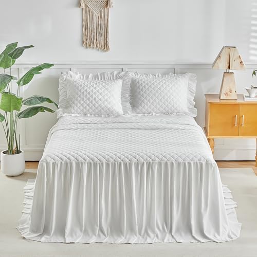 UOZZI BEDDING Ruffle Skirt Bedspread Set Queen Size White