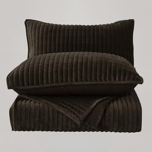 SHALALA Velvet Quilt Set Queen Size Dark Brown