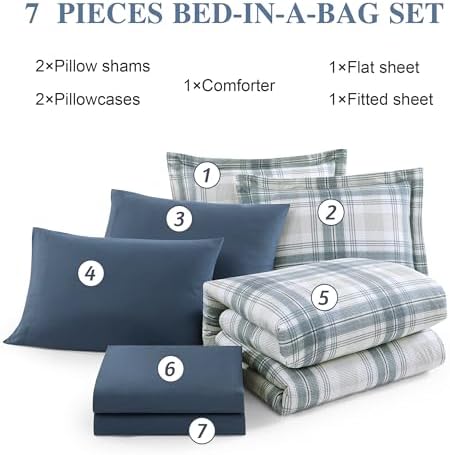 Blue Grey Plaid Comforter Set for Boys Girls Teen