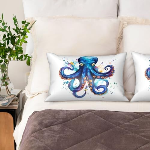 HOYYU Blue Watercolor Octopus Satin Pillowcase