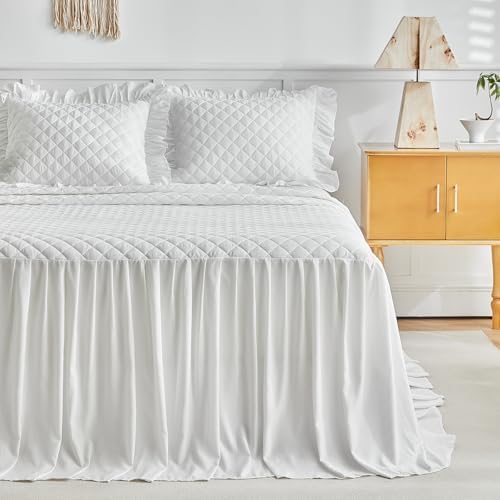 UOZZI BEDDING Ruffle Skirt Bedspread Set Queen Size White
