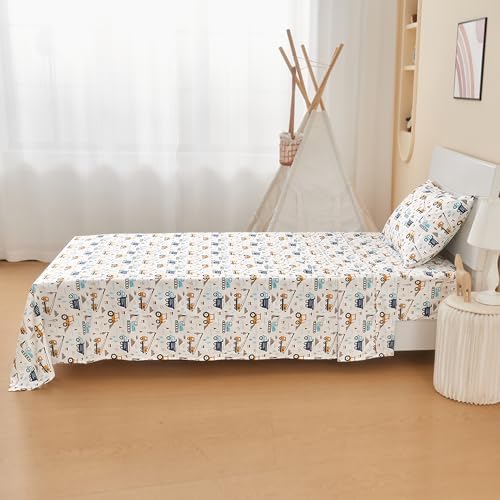 Kids Twin Sheet Set 3 Pcs Blue Excavator Car Pattern
