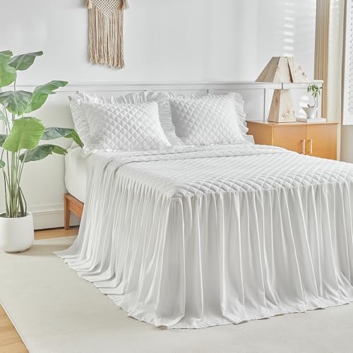 UOZZI BEDDING Ruffle Skirt Bedspread Set Queen Size White