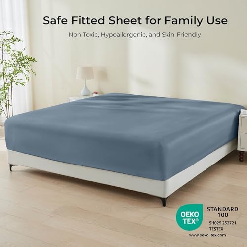 GOKOTTA Bamboo Rayon Fitted Sheet - King Size 16 Inch Pocket Blue