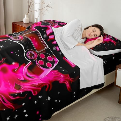 Jejeloiu Kids Gaming Bed Sheet Set King Size Pink