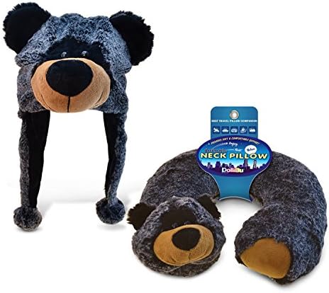 Puzzled Black Bear Plush Travel Pillow and Hat Set