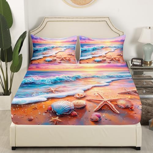 Erosebridal King Size Beach Sheet Set with Shell Starfish Print 1