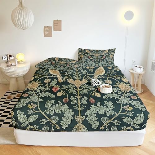 Queen Fitted Sheet Set 4 Piece Microfiber Soft William Morris Strawberry Thief