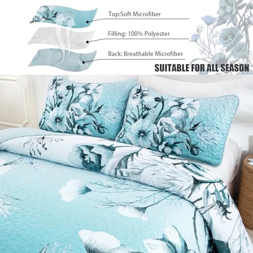 Drucon Blue Floral Quilt Set Queen 3 Pieces