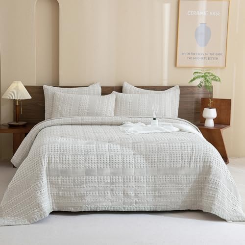 Sanracie 100 Cotton Oversized Queen Bedspread Set Khaki Waffle Weave 1