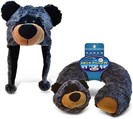 Puzzled Black Bear Plush Travel Pillow and Hat Set