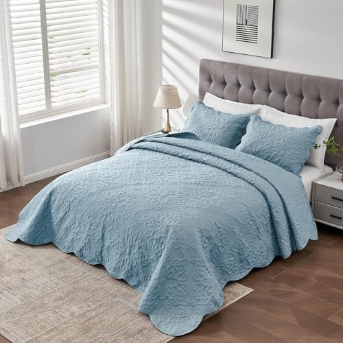 Kingnex King Size Bedspread Soft Lightweight Quilted Set 3 Pieces Blue