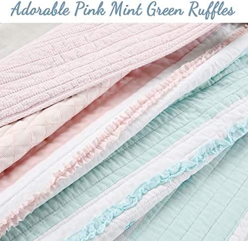 Cozy Line Light Pink Blue Ruffles Quilt Bedding Set 3 Piece