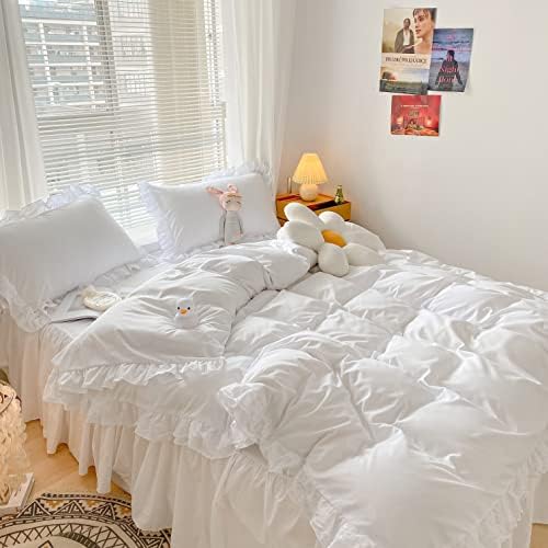 MOOWOO Chic Ruffle Lace Duvet Cover Set Twin White 2 Piece