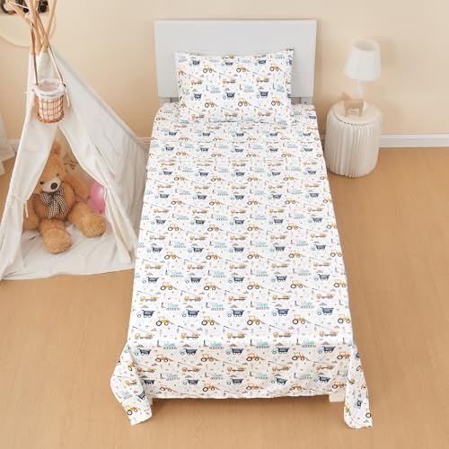 Kids Twin Sheet Set 3 Pcs Blue Excavator Car Pattern