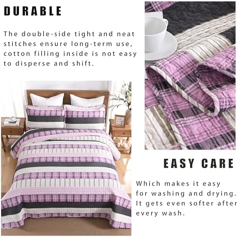 Homzard Cotton King Size Quilt Set with Plaid Striped Bedspread 1