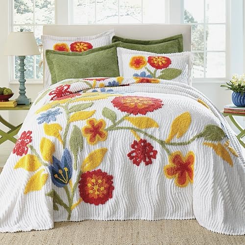 BrylaneHome Full Bedspread Cotton Bloom Chenille Floral Red Multi