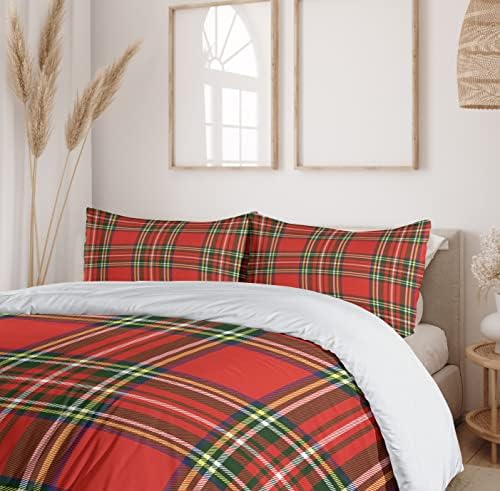 Ambesonne Plaid Duvet Cover Set King Size - Vermilion Orange and Green